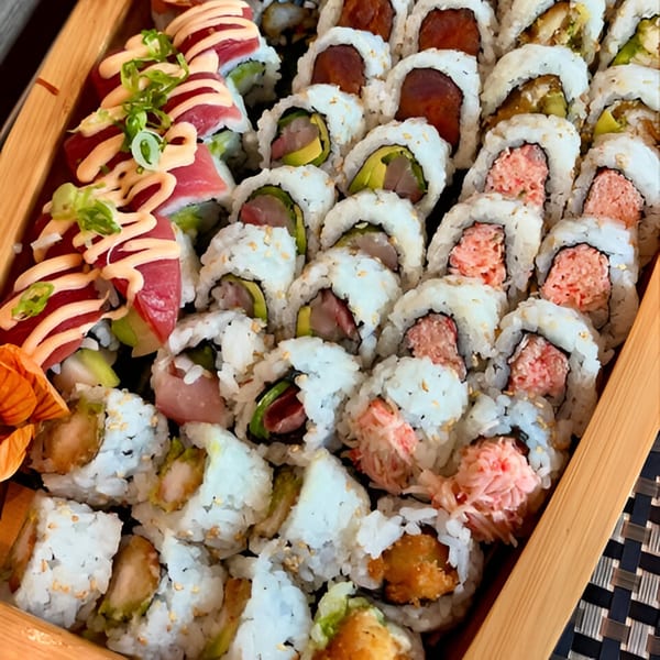 A large wooden boat filled with various types of sushi rolls, including tuna and spicy salmon.